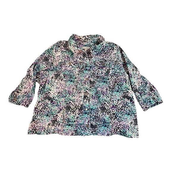 CJ Banks button up shacket sz 3XL purple teal print 3/4 sleeve - Picture 1 of 14
